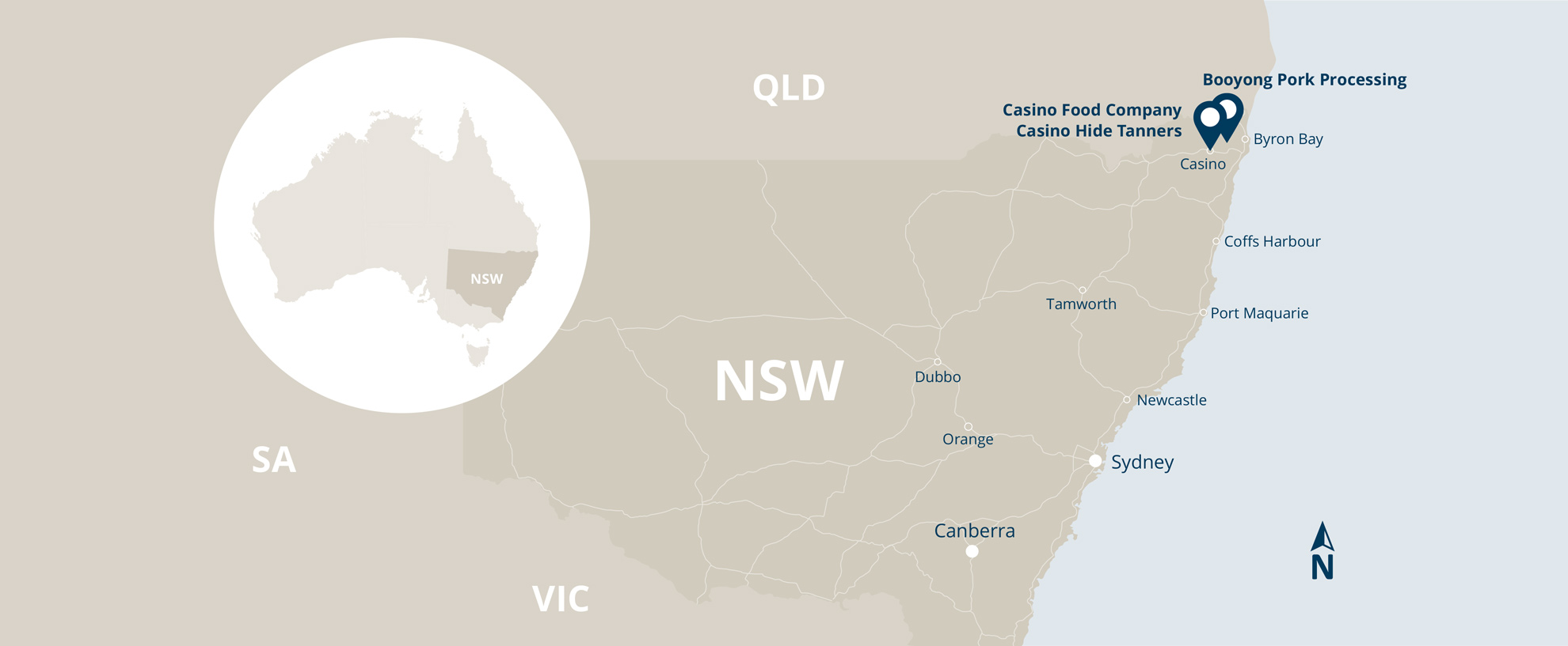 Map showing locations of Casino Food Company operations